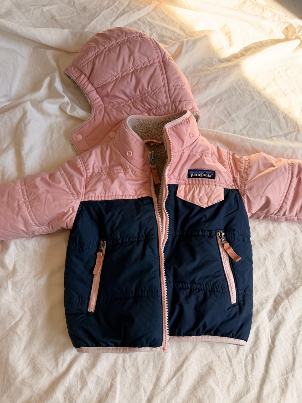 Patagonia Pink and Navy Kids Puffer Jacket with Removable Hood